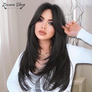 Long Dark Brown Layered Wigs For Women, Straight Synthetic Wig with Bangs, Black Brown Wig, Cosplay Wig,Girl Wig,Gift for Her,Gift for Women