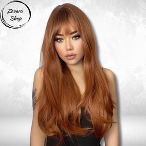 Long Red Brown Copper Wig, Ginger Auburn Wig, Wavy Wig, Long Wavy Wig With Bangs, Synthetic Wig, Party Wig, Wig, Woman Wig,Gift for Mom,Gift