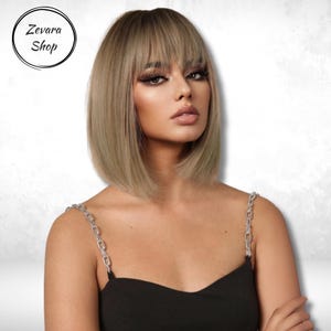 Short Bob Straight Blonde with Brown Roots Wig, Straight Wig with Bangs, Synthetic Heat Resistant Wig, Cosplay Wig, Fashion Wig,Gift for Her