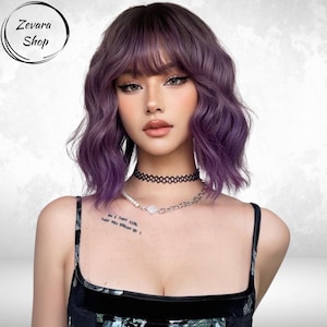 Dark Purple Short Wavy Hair Wigs, Purple Bob Wig, Wig With Bangs, Synthetic Wigs for Women, Cosplay Wigs, Cute Wig, Wig, Gift for Her, Gift