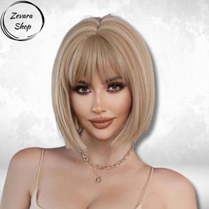Kurze blonde Bob-Perücke, Aschblond mit Highlights Perücke, Perücke mit Pony, kurzes glattes Haar, Cosplay Perücke, Perücke, Geschenk für Sie, Geschenk für Freundin