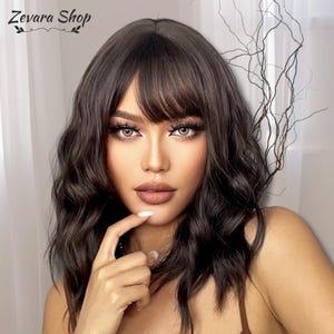 Short Brown Wig, Short Wig With Bangs, Wavy Bob Wig, Dark Brown Synthetic Wig, Cosplay Wig, Woman Wig, Wig, Gift for Her, Gift for Woman