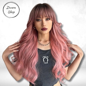 Ombre Pink Perücke, gewellte lockige Perücke mit Pony, lange Perücke, Frauenperücke, hitzebeständige Perücke, Cosplay Perücke, Kostümperücke, Geschenk für Mutter, Geschenk für sie