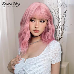 Short Wavy Cosplay Wigs With Bangs, Light Pink Synthetic Wigs, Short Pink Wig, Women Daily Wig, Fashion Wig, Wig,Gift For Women,Gift For Her