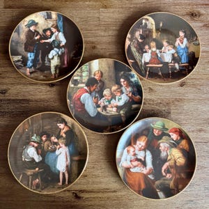 Bareuther Porselein 5 wandborden "De mooiste familieportretten van Franz von Defregger", vintage verzamelbordenset 5-delig.