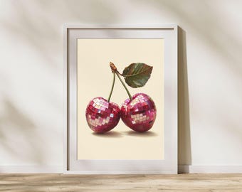 Disco Cherry Art Print - Funky Retro Wall Decor, Digital Download, Cherry Disco Ball, Y2K Aesthetic, Glam Home & Office Decor