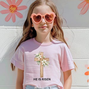 He Is Risen Pink Kids T-shirt Gift For Easter cross flowers comfort colors organic cotton kids gift religious pink t-shirt christian easter