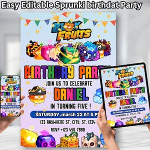 Blox Fruit Birthday Party Invitation, Editable Sprunki Party Template | Birthday Kids Invite, Blox Fruit Party Template, Editable Blox Frui