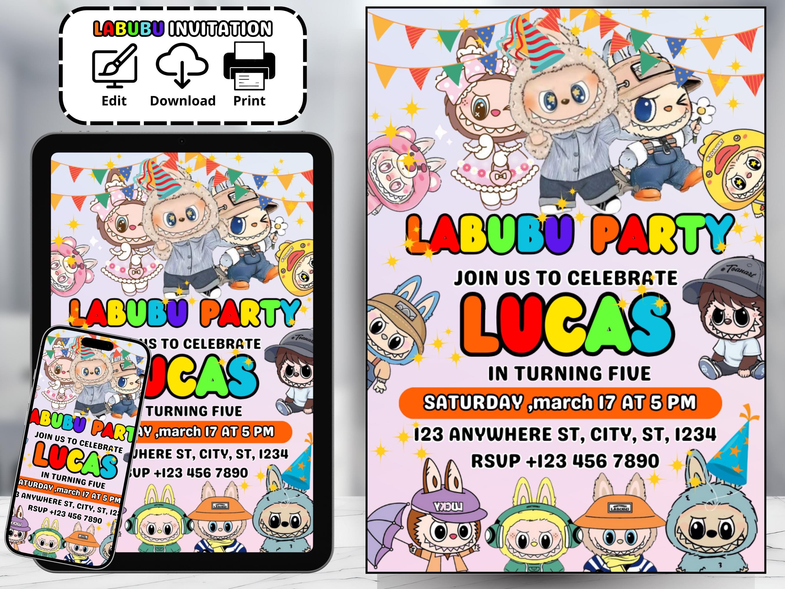 Plantilla de invitación para fiesta de cumpleaños de Labubu, linda ...