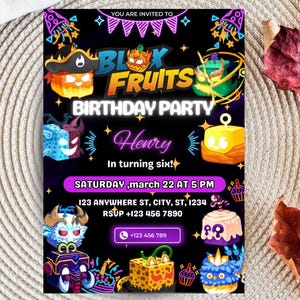 Uitnodiging voor een Blox Fruit-verjaardagsfeestje, bewerkbare Sprunki-feestsjabloon | Uitnodiging voor een verjaardagsfeest voor kinderen, Blox Fruit Party-sjabloon, bewerkbare Blox Fruit