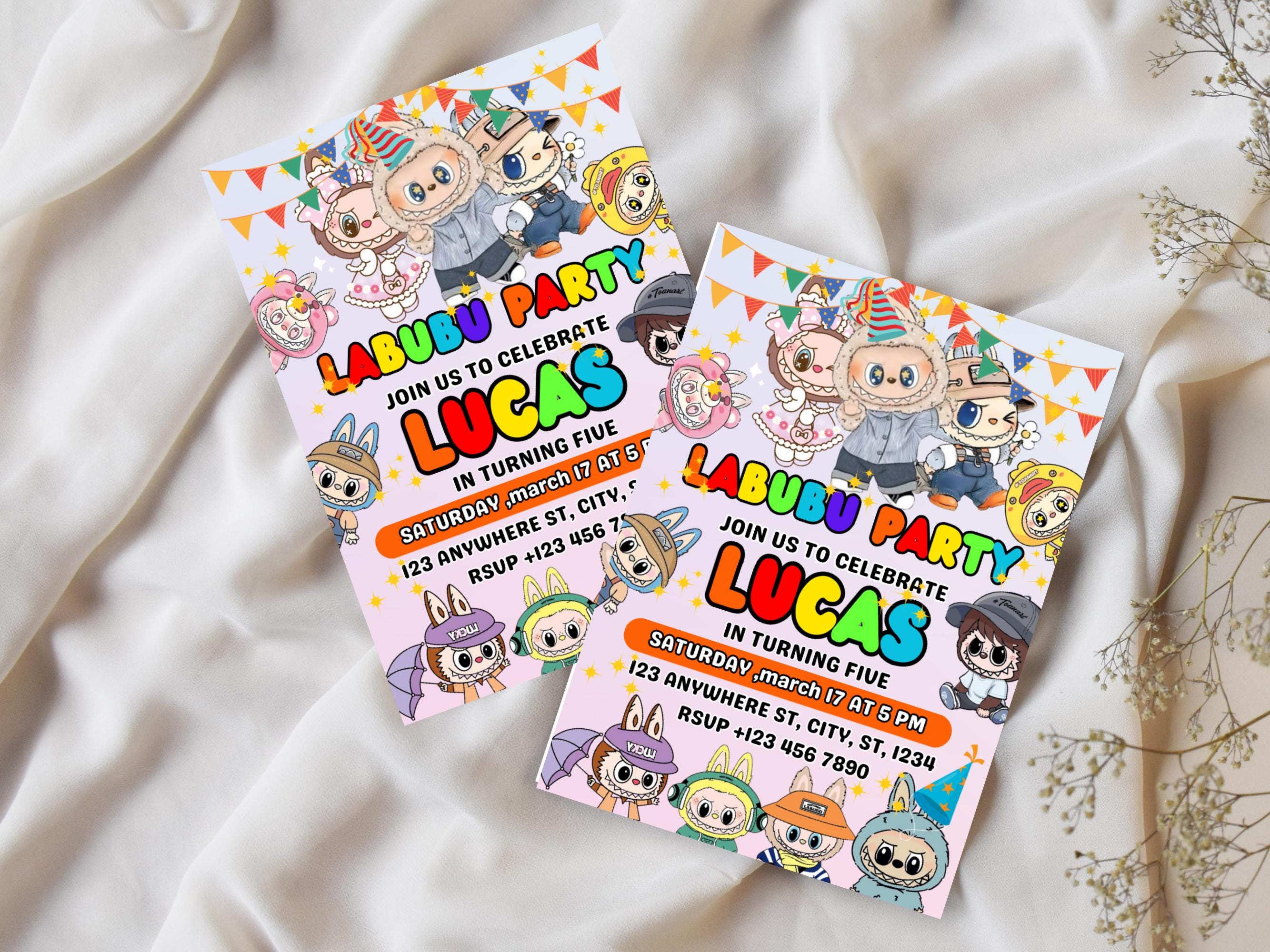 Plantilla de invitación para fiesta de cumpleaños de Labubu, linda ...