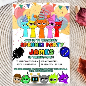 Modelo de convite para festa Sprunki | Modelo editável para festa Sprunki | Convite de aniversário para crianças, modelo de convite digital para download instantâneo