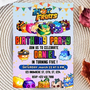 Invito alla festa di compleanno Blox Fruit, modello modificabile per la festa Sprunki | Invito per compleanno bambini, modello per festa Blox Fruit, Blox Fruit modificabile