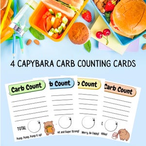 May include: Four printable cards featuring a cartoon capybara with the text "Carb Count" on each card. The cards are designed for tracking carbohydrate intake.