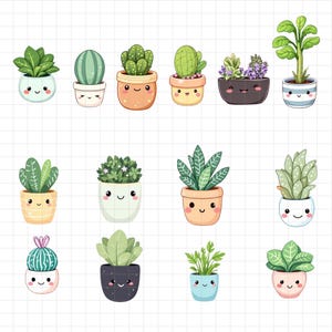 Imágenes prediseñadas de plantas de interior kawaii, paquete de imágenes PNG de plantas lindas, pegatinas digitales de plantas, suculentas de dibujos animados PNG, imágenes prediseñadas de sublimación, descarga instantánea