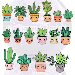 Kawaii Plant Clipart Bundle, Cute Potted Plants PNG Digital Stickers for Scrapbooking & Crafts, Succulent and plant kawaii digital download.