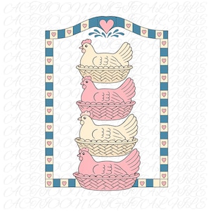 May include: A digital illustration of four hens in baskets, stacked within a decorative frame. The hens alternate between cream and pink, with matching baskets. The frame has a blue and white checkered pattern with pink hearts, and a heart at the top.