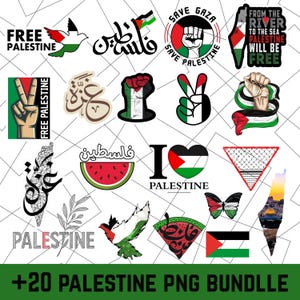 以下が含まれることがあります： パレスチナをテーマにしたPNGグラフィックのコレクション。パレスチナの旗を持つ鳩、「Free Palestine」の文字、旗を持つ拳などが含まれています。スイカのスライスと蝶も含まれています。