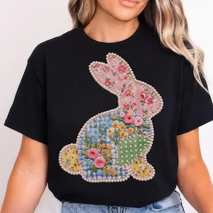 Floral lapin faux patchwork PNG, Pâques tendance PNG, floral rétro Saint-Valentin Png, Cottage Core Vichy Patchwork PNG, patchwork printanier png