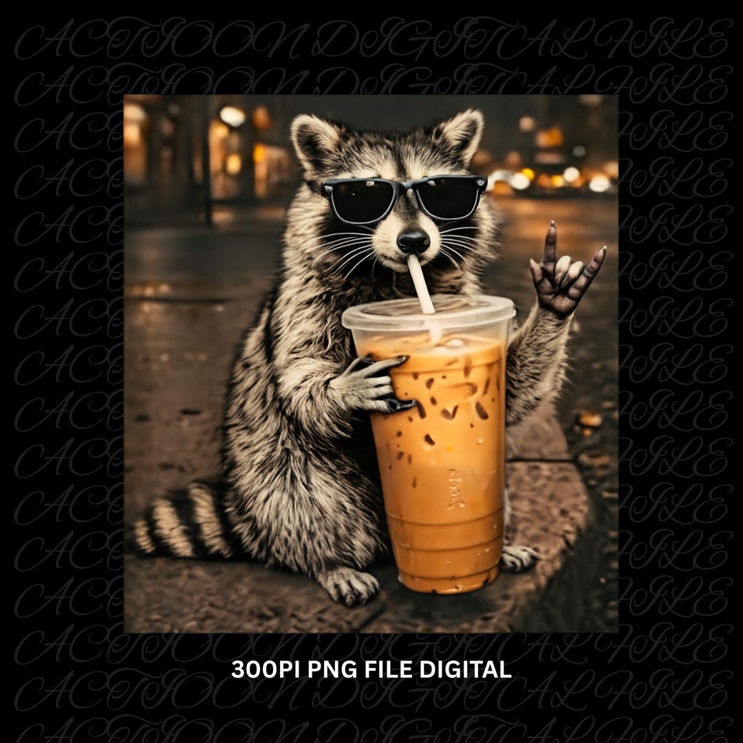 Raccoon Drinking Iced Coffee Png, Retro Prehistoric Png, Gift for ...