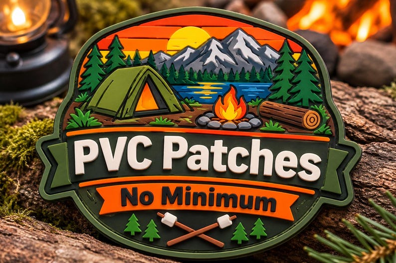 May include: A multi-colored PVC patch featuring a camping scene with a green tent, a campfire, a lake, and mountains under a yellow sun. The text reads PVC Patches and No Minimum, with two crossed marshmallow roasting sticks at the bottom.