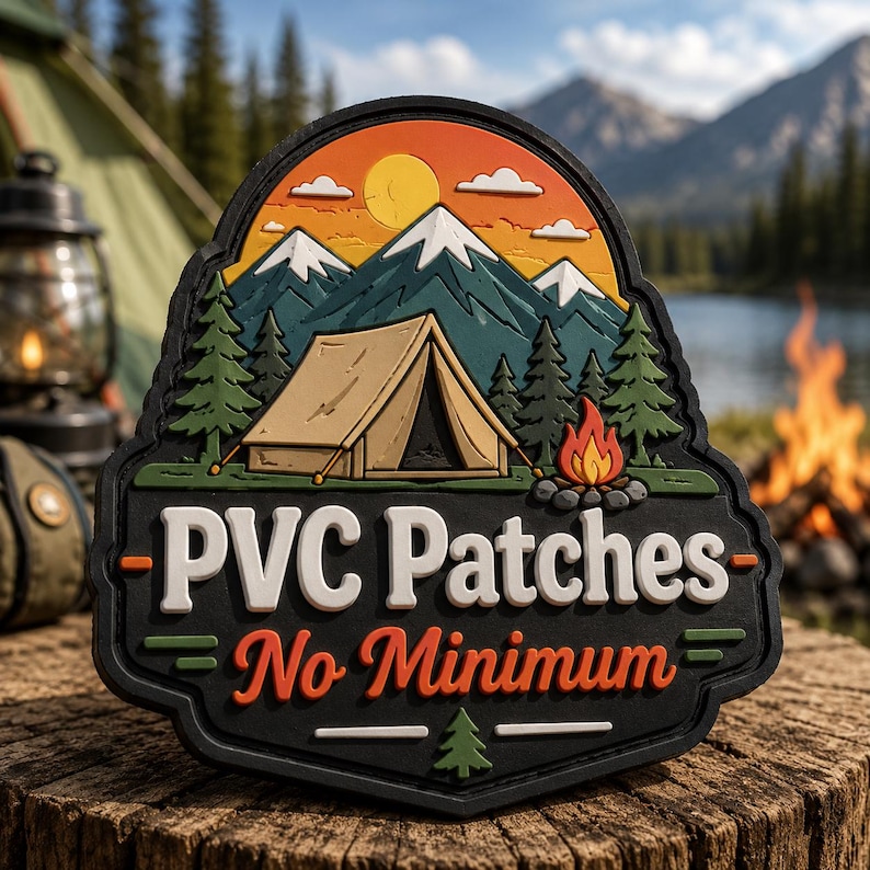 May include: A shield-shaped PVC patch featuring a camping scene with a tan tent, green pine trees, a campfire, and snow-capped mountains under a yellow sun. The black base displays the white text PVC Patches and orange text No Minimum.