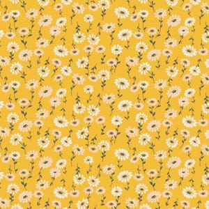 May include: A seamless pattern featuring small white and pink flowers with green stems on a yellow background.