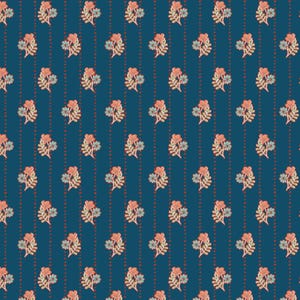 May include: A seamless pattern featuring a repeating design of small, stylized flowers in shades of pink, blue, and yellow on a dark blue background. The flowers are arranged in vertical rows with a dotted line between each row.
