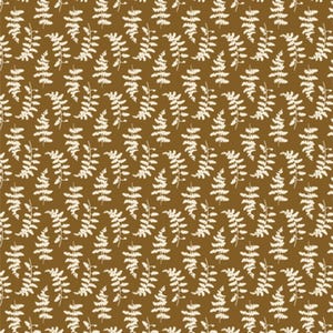 May include: A seamless pattern featuring white fern leaves on a brown background.