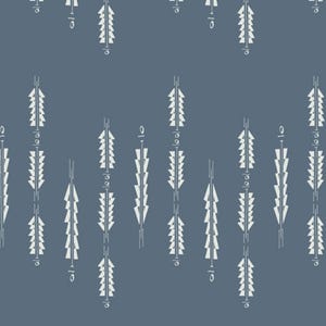 May include: A repeating pattern of white stylized pine trees on a blue background. The trees are made up of triangles and lines.
