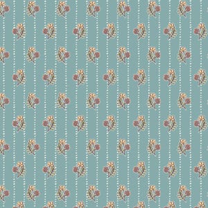 May include: A seamless pattern featuring a repeating design of small, stylized flowers in shades of yellow, orange, and red. The flowers are arranged in vertical rows on a light blue background.
