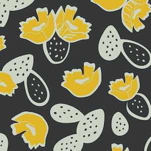 May include: A seamless pattern featuring yellow flowers and green cactus shapes on a dark gray background. The flowers have a stylized, abstract design and the cactus shapes are outlined in black with white dots.