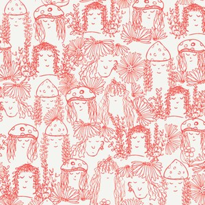 May include: A repeating pattern featuring red line drawings of whimsical figures with mushroom caps, long hair, and floral elements. The illustrations are set against a cream-colored background, creating a playful and artistic design.