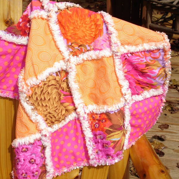 Rag Quilt - Orange and Raspberry Sorbet -Toddler Security Blankie Size Quilt