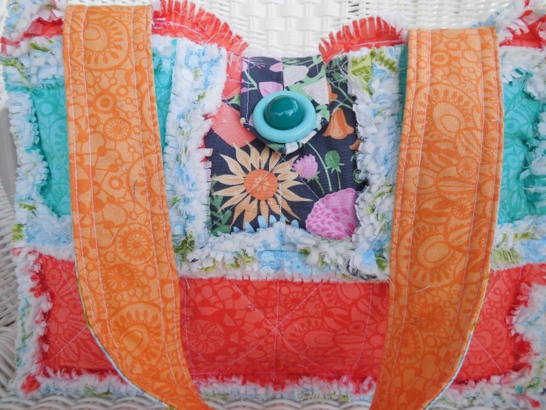 Rag Quilt Purse ~ Honey Honey Teal /& Tangerine ~ Book Tote ~ Spa Bag ~ Lunch Tote ~ Small Animal Carrier ~ Project Tote ~ Small Diaper Bag