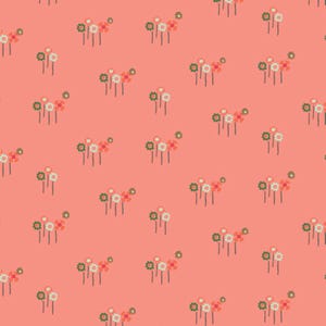May include: A seamless pattern featuring a repeating design of stylized flowers in shades of green, white, and coral pink on a peach background.