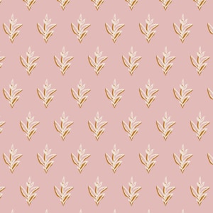 May include: A repeating pattern of stylized leaves in white, light pink, and gold on a soft pink background. The leaves are arranged in a grid-like fashion, creating a seamless design suitable for fabric or wallpaper.