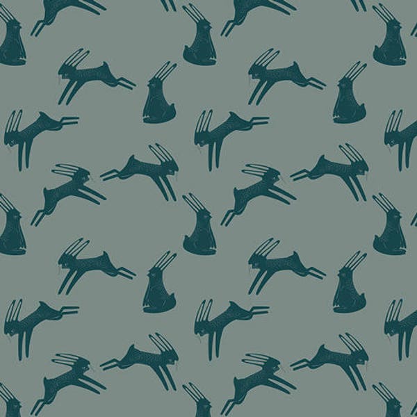 Campsite ~ Art Gallery Fabrics ~ KNIT 95 Cotton/ 5 Spandex 58" WIDE ~ Hopping Hare Spruce KC-9005-1 ~ By the Yard ~ 1/2 Yard Cut