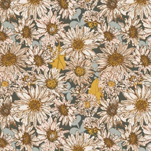 May include: A repeating pattern featuring cream and light brown daisy-like flowers with dark brown centers. The floral design is set against a dark gray background, interspersed with small light gray clover shapes and solid mustard yellow leaves.
