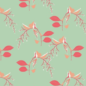 May include: A seamless pattern featuring delicate pink flowers and leaves on a light green background. The design is perfect for creating a feminine and elegant look.