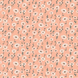 May include: A seamless pattern featuring white daisies with green stems on a peach background.