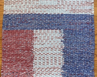 Square Rag Rug, Hand Twined Woven Rug, Upcycled Recycled Fabric Rug, Cotton Rug, Red White & Blue Rug, Fourth of July Rug, Memorial Day Rug