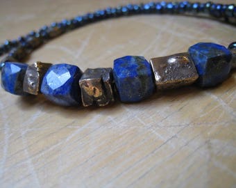 Handmade Rustic Bronze Beads and Lapis Lazuli Bead Necklace - Beaded Necklace - Handmade Beads