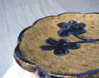 Scallop Edge Clay Dish with Blue Flowers - Flower Dish