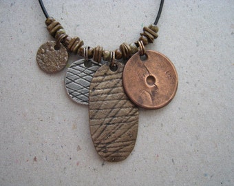 Rustic Gaming Pieces Mixed Metal Beaded Necklace on Black Leather Cord - Mixed Metal Necklace - Rustic Necklace