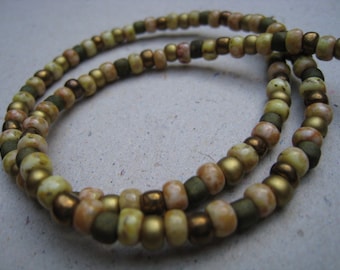 Green and Beige Glass Seed Bead Wrap Bracelet - Beaded Bracelet - Stacking Bracelet - Green Bracelet