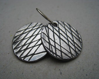 Oxidized Disk Fine Silver Gaming Piece Earrings - Disk Earrings - Fine Silver Earrings - Criss Cross Earrings