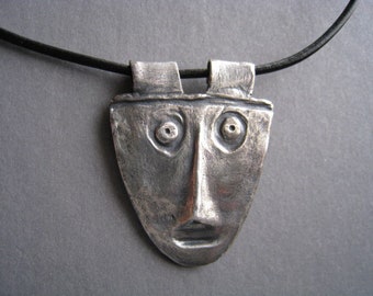 Rustic Mississippian Face Oxidized Fine Silver Necklace - Blackened Fine Silver Pendant - Archaeology