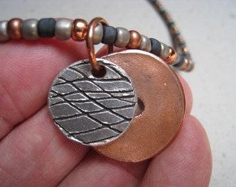 Oxidized Fine Silver and Copper Gaming Pieces Beaded Necklace - Mixed Metal Necklace