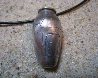 Artifact Inspired Egyptian Vessel Oxidized Fine Silver Pendant with Engraved Bull - Vessel Pendant